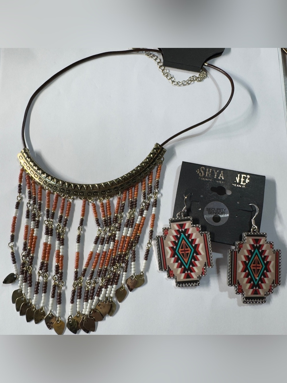 Shyanne Orange, White & Brown Beaded Fringe 10”Necklace with Aztec Drop Earrings